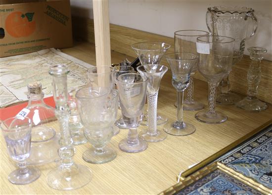A collection of 19th and 20th century glasses, a lace lamp, candlesticks and celery vase tallest 27cm
